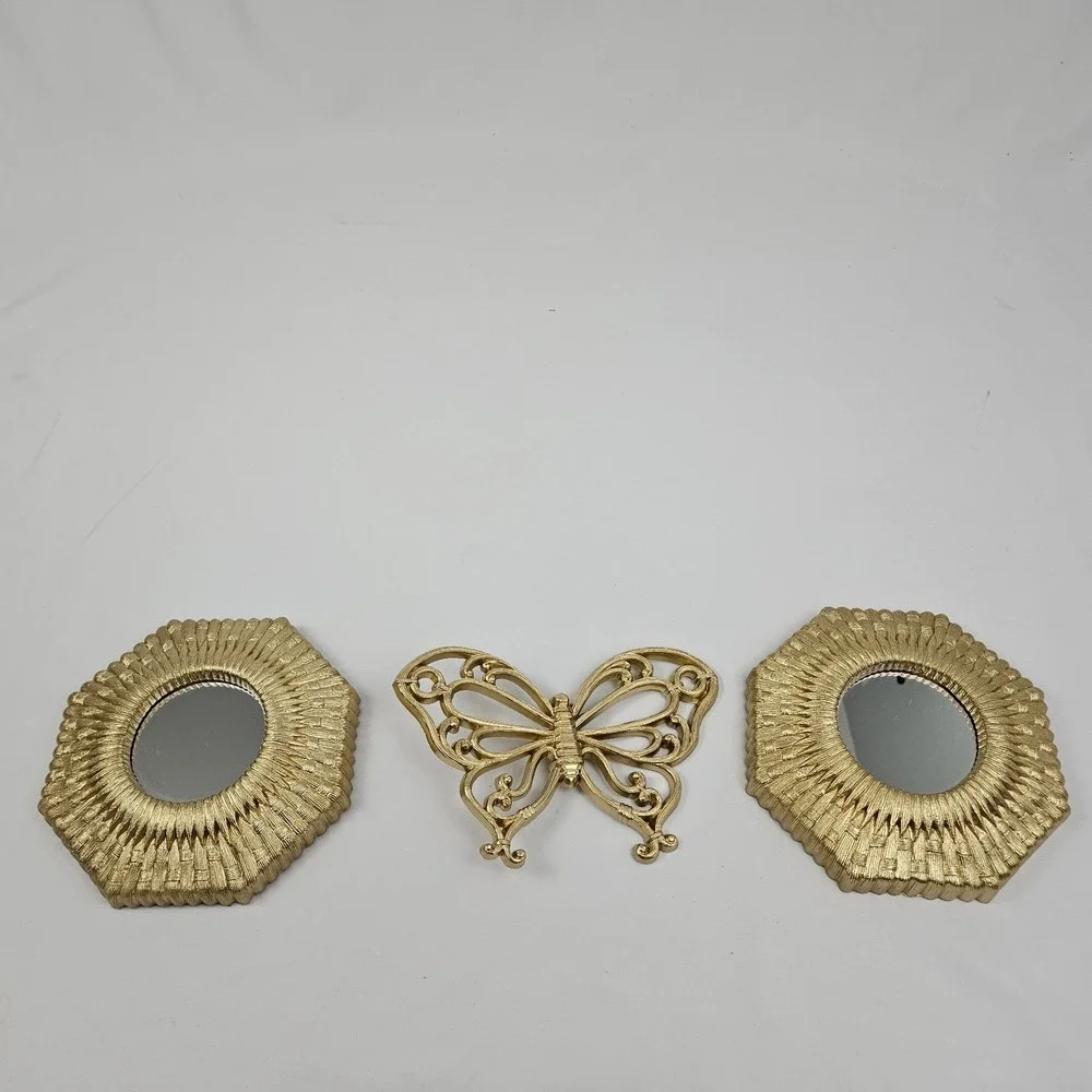 Vintage Butterfly Mirror Wall Decor Set of 3 Gold Rattan Look 1978 Syroco